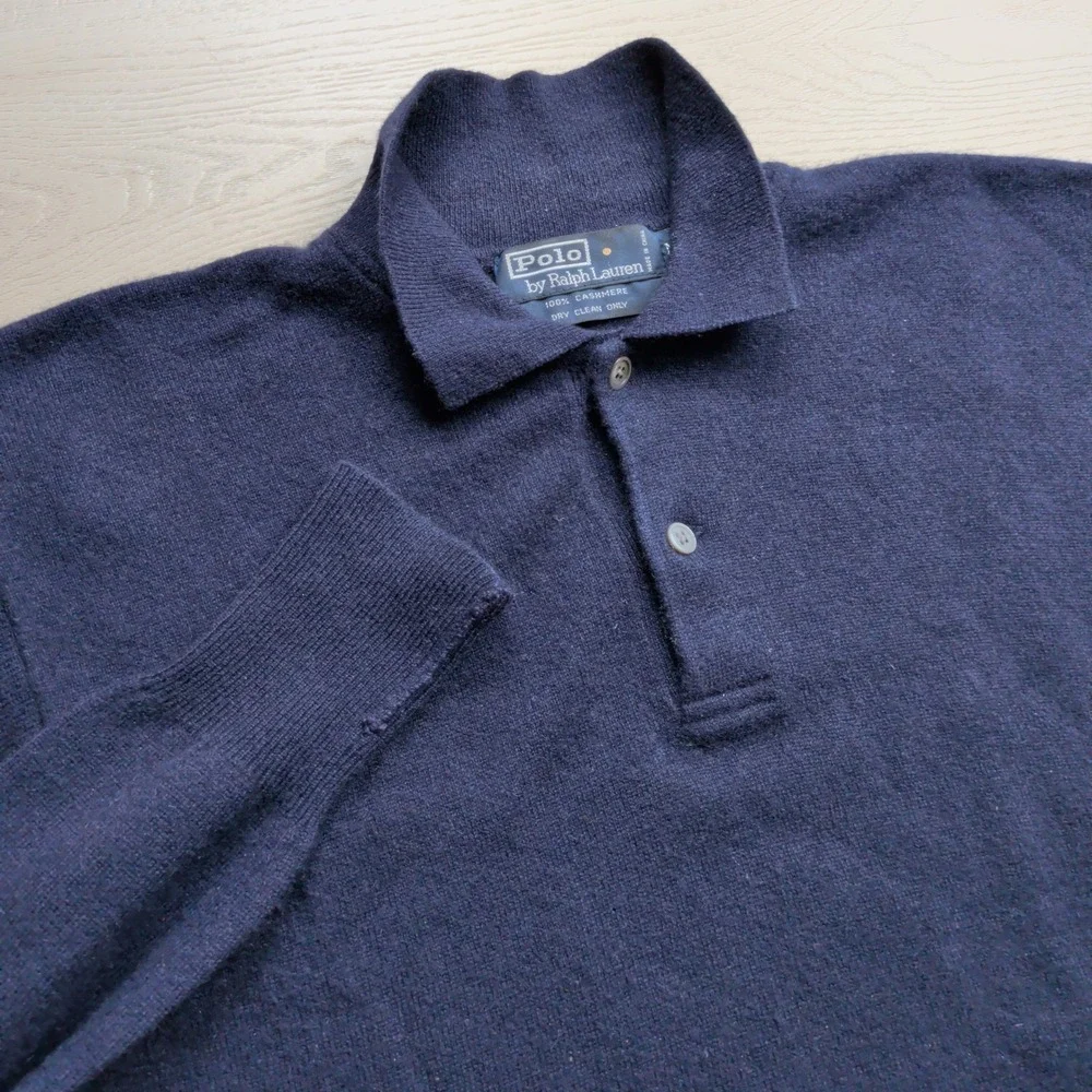 Vintage Polo Ralph Lauren Polo Shirt Mens M Navy Blue 100% Cashmere Long Sleeve